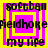 Pixelated text and nested squares in bright yellow and magenta on a yellow background, with repeated phrases and distorted lettering.