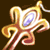 Pixelated static icon of a golden ornate object with purple gem center on dark brown background.
