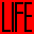 Bold black text spelling 'LIFE' on a solid red background with no additional elements or motion.