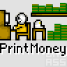 Pixel art animation contact sheet showing a character printing money with stacks of green bills, repeated across multiple frames in a 3x2 grid layout.