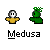 Pixelated buddy icon shows Medusa with green snake hair, yellow hand, and white stone head, with variations in head color and hand position across frames.