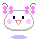 Pixelated character with white rounded head, pink cheeks, dark square eyes, and orange mouth; two pink flower bows on top of head.