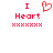 Red pixelated text and symbols on white background: 'I' above 'Heart' with a heart icon, and a of X's below