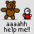 Pixelated cartoon bear and small red figure with white face, repeated in pattern above text 'aaaahh help me!!' on light gray background