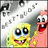 Yellow cartoon sponge and pink starfish characters with large eyes and wide smiles, positioned side-by-side against a gray background with repeated text.