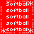 Red background with white pixelated text "softball" repeated in a pattern, some instances framed by asterisks and dotted lines