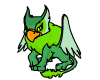 Green griffin with orange beak and yellow eyes, standing on a green base against white background.