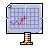 Pixelated icon of a computer monitor displaying a grid with red line graph and purple crosshair, on a yellow-and-black striped stand.