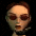 identical cartoon-style female faces with red eyes and brown hair, each face partially obscured by diagonal black and white stripes