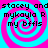 Pixelated text reads "stacey andstacey and mykayla R my bfils" over a cyan background with pink spiral patterns.
