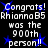 Pixelated text on black background with blue starbursts, repeating 'Congrats! RhionnaB5 was the 900th person!!' in four identical