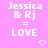 A static image with a pink background displays repeated text "Jessica & Rj = LOVE" in white pixelated font, each instance accompanied by a small white heart symbol.