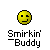 Pixelated yellow smiley face with one eye closed and a small smile, positioned above stylized text on a gray background.