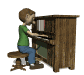 A cartoon boy in a green shirt and blue pants plays a brown upright piano on a wooden stool, with visible hand movements across the keys.