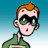 Pixelated cartoon character with orange hair and green jacket, wearing dark green sunglasses, against gradient blue background.