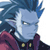 Pixelated static image of a blue-skinned anime-style character with spiky hair and yellow eyes, wearing a dark outfit with red accents and two yellow circular buttons on the chest.