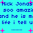 Pixelated blue text on cyan background with pink plus signs, repeating phrases about Nick Jonas and 'amazil' in a static layout.