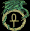 Animated icon with green serpentine creature coiled around circular frame containing golden ankh symbol, alternating between upright and rotated positions.