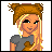 Pixel art buddy icon featuring a blonde character with brown hair accessory and gray shirt on left, transitioning to black text "SMILE!" on gray radial background on right.