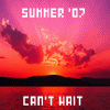 Pixelated sunset scene with pink and orange sky, dark landmass silhouette, and water reflection, overlaid with white text reading 'SUMMER '07' and 'CAN'T WAIT'.