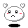 Pixelated white circular character with black square eyes, red cheeks, and a downturned mouth, surrounded by four white heart shapes on a gray background.