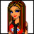 A 48x48 pixel animated buddy icon featuring a cartoon character with long brown hair and blue eyes, displayed in a contact sheet layout with text overlays on red star-patterned backgrounds.