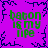 Purple background with dark blue pixelated border; four identical green text blocks reading 'bacon is my life' arranged in a
