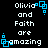Pixelated text reads "Olivia and Faith are amazing" with blue square icons on a black background, showing slight positional shifts across frames.