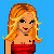 Pixelated image of a woman in a red strapless dress with blonde hair, alternating between full-body and partial views against blue background.