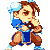 A 4x3 contact sheet of pixel art frames showing a cartoon character in blue and brown clothing performing sequential martial arts poses with water droplets on their head against a gray background.