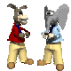 Animated character with donkey head and elephant head alternates, wearing red or light blue shirt, beige pants, brown shoes, holding small object.