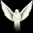 Four sequential frames of a white angel icon with outstretched wings against black background, showing wing position changes across animation cycle.