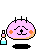 Pixel art of a pink rounded character with orange cheeks, black eyes, and a small nose, shown in four states with a bottle, shadow, and blue text.