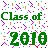 Static pixel art icon featuring green text "Class of 2010" surrounded by colorful confetti-like pixels on a white background.