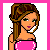 Pixelated cartoon woman with brown hair in a bun, pink strapless top, and blue skirt; text "Doll" appears below.
