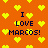 Orange background with yellow pixelated hearts and repeated text "I LOVE MARCOS!" in dark blue pixelated font.