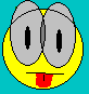 Yellow circular face with large gray eyes and black pupils, showing three distinct expressions: tongue out, straight mouth, smiling.