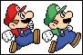 Two pixel-art characters in blue overalls and brown boots, one with a red cap and the other green, both holding white spherical objects against a plain background.