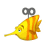 Animated contact sheet of a yellow fish with orange stripes and a wind-up key on its head, showing sequential motion frames in 3x3 grid layout.