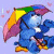 A pixelated cartoon character holding a rainbow umbrella on the left side of a contact sheet, with green text reading "Original Icons .com" on the right side against a dark background.