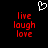 Pixelated red text 'live laugh love' appears twice on a black background with a white heart outline above.