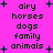 A bright pink background features dark green pixelated text listing 'airy horses dogs family animals' in two vertical , with small dark blue plus signs scattered around