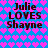 Blue background with repeating pink heart pattern, two identical text blocks reading "Julie LOVES Shayne" in dark brown pixelated font.