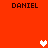 Red background with four instances of the name DANIEL in black pixelated text and three white heart symbols.