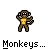Pixelated monkey figure with raised arms and tail, positioned above text fragments forming a phrase