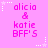 Pixelated pink background with repeated text 'alicia & katie BFF'S' in bright magenta, surrounded by white star and dotted line decorations.