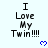 A static image displays repeated text "I Love My Twin!!!" with blue pixelated hearts below each phrase on a light background.