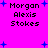 Pixelated text 'Morgan Alexis Stokes' on bright pink background with scattered blue plus signs, displayed in two identical vertical