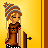 Animated pixel art of a girl with blonde hair wearing a striped beanie, brown dress, and black-and-white polka-dot skirt holding a shield on a yellow background.