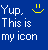 Blue background with white pixelated text reading 'Yup. This is my icon' and a yellow smiley face emoji in the top-right corner.